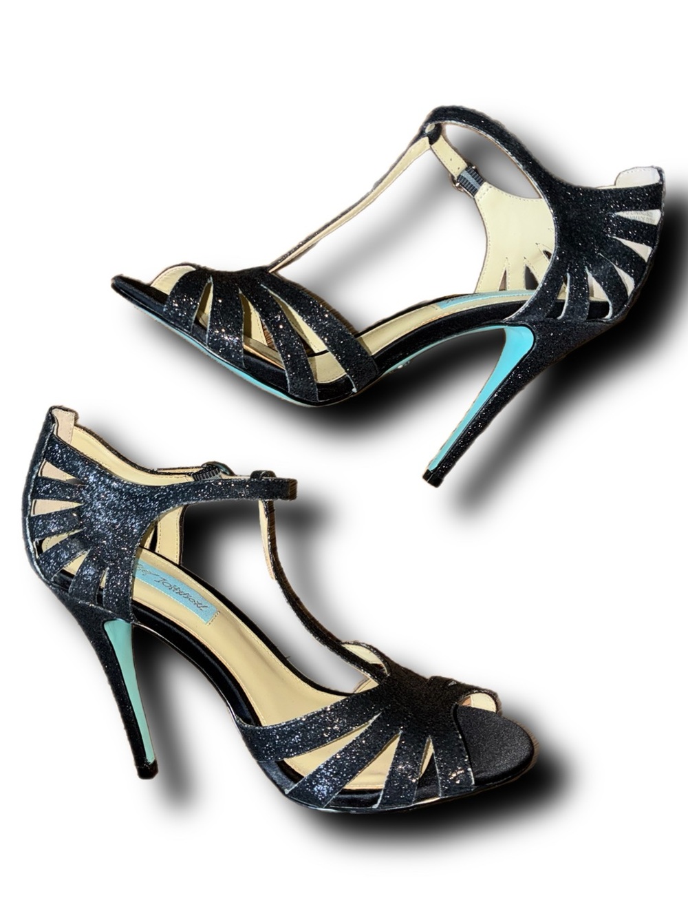 Betsey Johnson SB-Tee Black Glitter Buckle T-Strap Heels Pinup Glam Rockabilly - Picture 4 of 7
